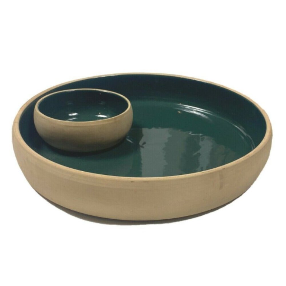 Ceramic Terra Cotta & Green Glazed Platter Bowl